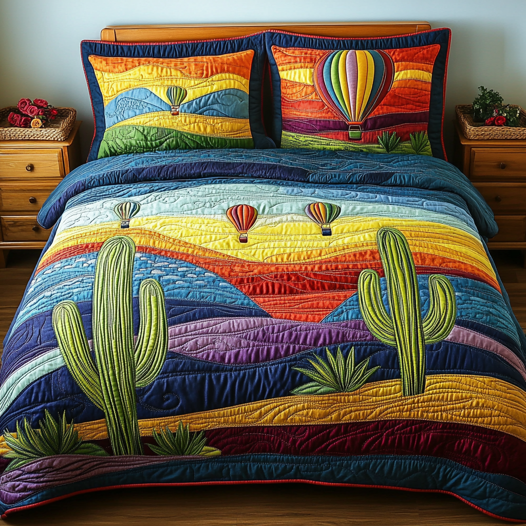 Majestic Soar Balloon quilted 3-piece bedding set on a made bed with two matching pillow shams