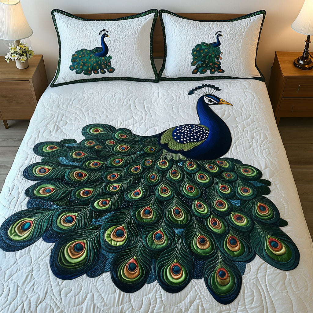 Majestic Tail Display quilted 3-piece bedding set on a made bed with two matching pillow shams