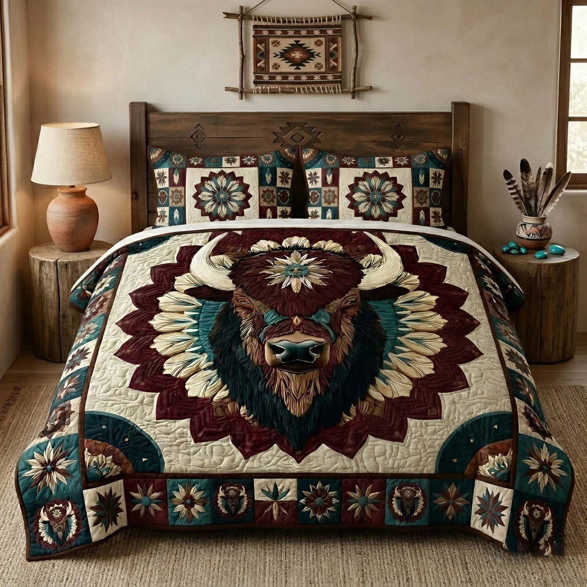 Mandala Spirit quilted 3-piece bedding set on a made bed with two matching pillow shams