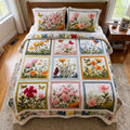 Meadow Blossom Retreat quilted 3-piece bedding set on a made bed with two matching pillow shams