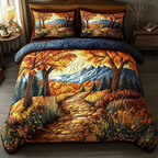 Meadow Trail Bloom quilted 3-piece bedding set on a made bed with two matching pillow shams
