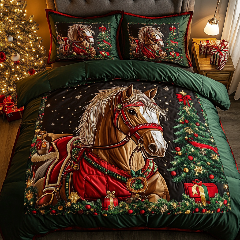 Meadow Whisper Animal quilted 3-piece bedding set on a made bed with two matching pillow shams