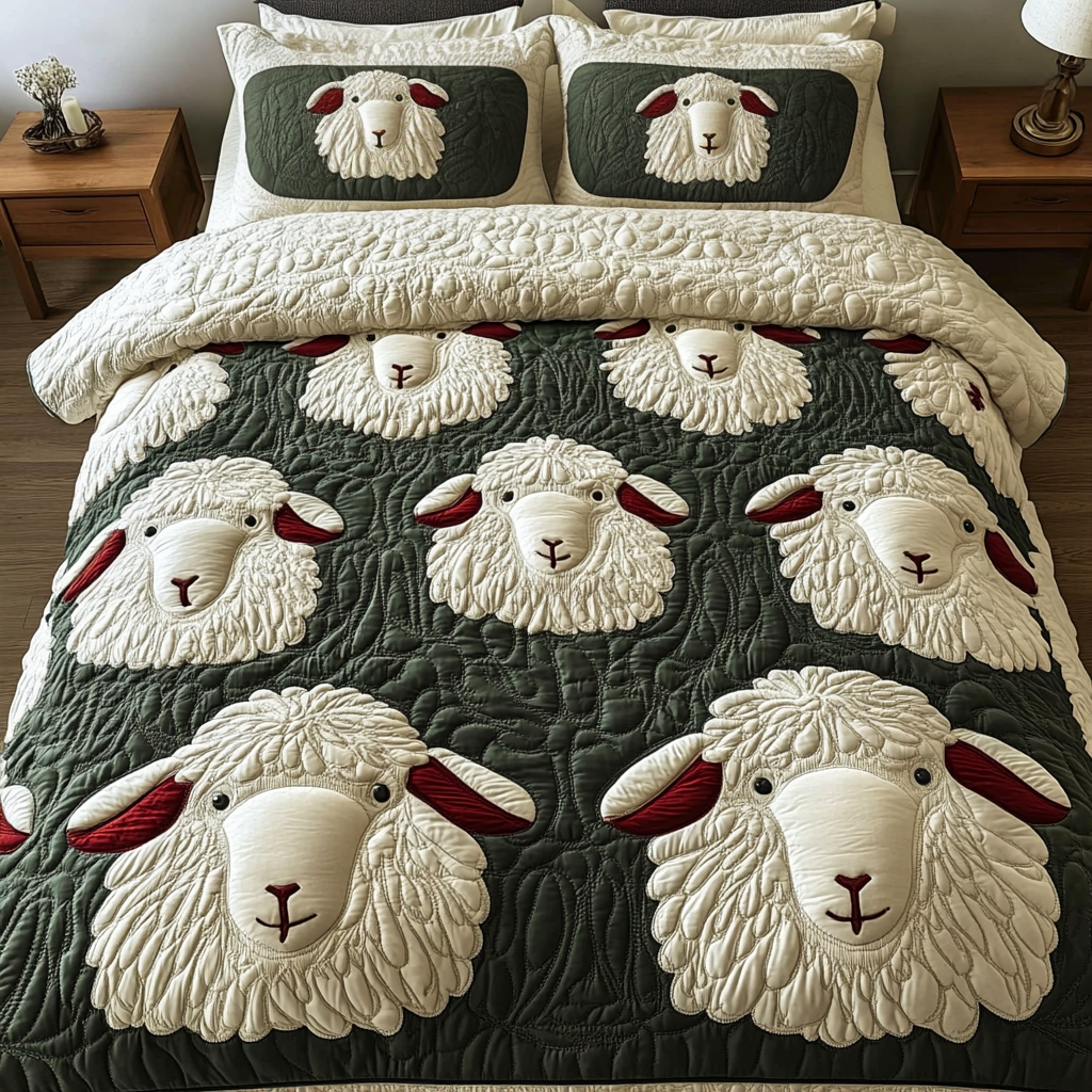 Meadow Whisper Farm Animal quilted 3-piece bedding set on a made bed with two matching pillow shams