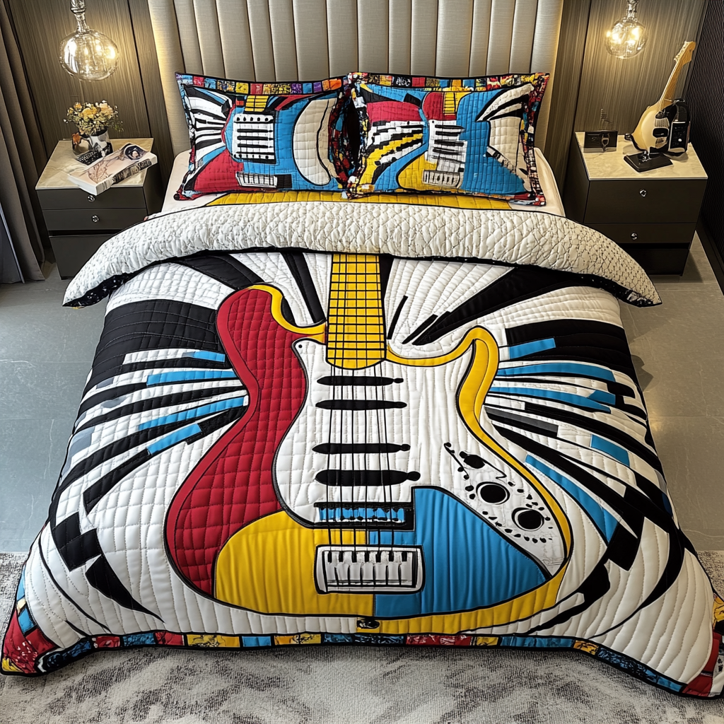 Melody Of Strings quilted 3-piece bedding set on a made bed with two matching pillow shams