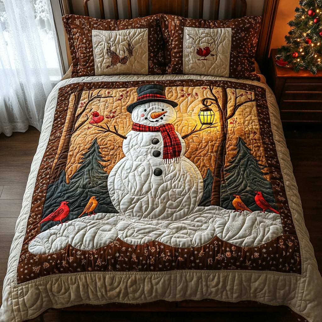 Merry Frost Christmas quilted 3-piece bedding set on a made bed with two matching pillow shams