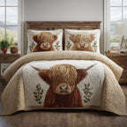 Merry Highland quilted 3-piece bedding set on a made bed with two matching pillow shams