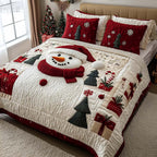 Merry Little Moments quilted 3-piece bedding set on a made bed with two matching pillow shams