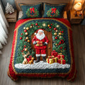 Merry Santa Journey quilted 3-piece bedding set on a made bed with two matching pillow shams