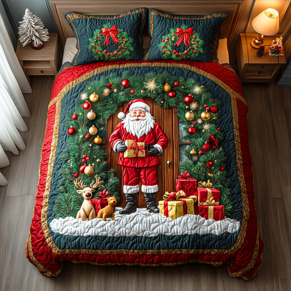 Merry Santa Journey quilted 3-piece bedding set on a made bed with two matching pillow shams