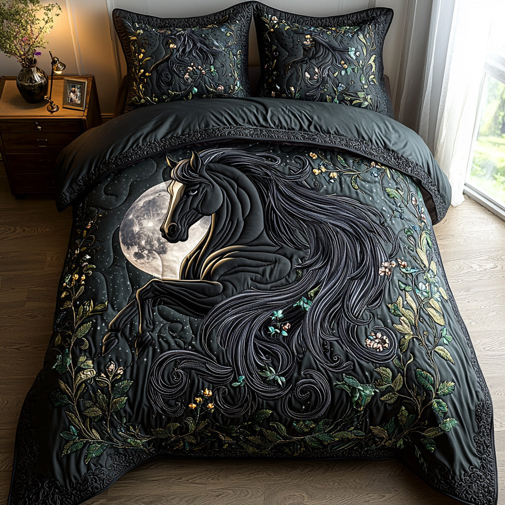 Midnight Horse quilted 3-piece bedding set on a made bed with two matching pillow shams