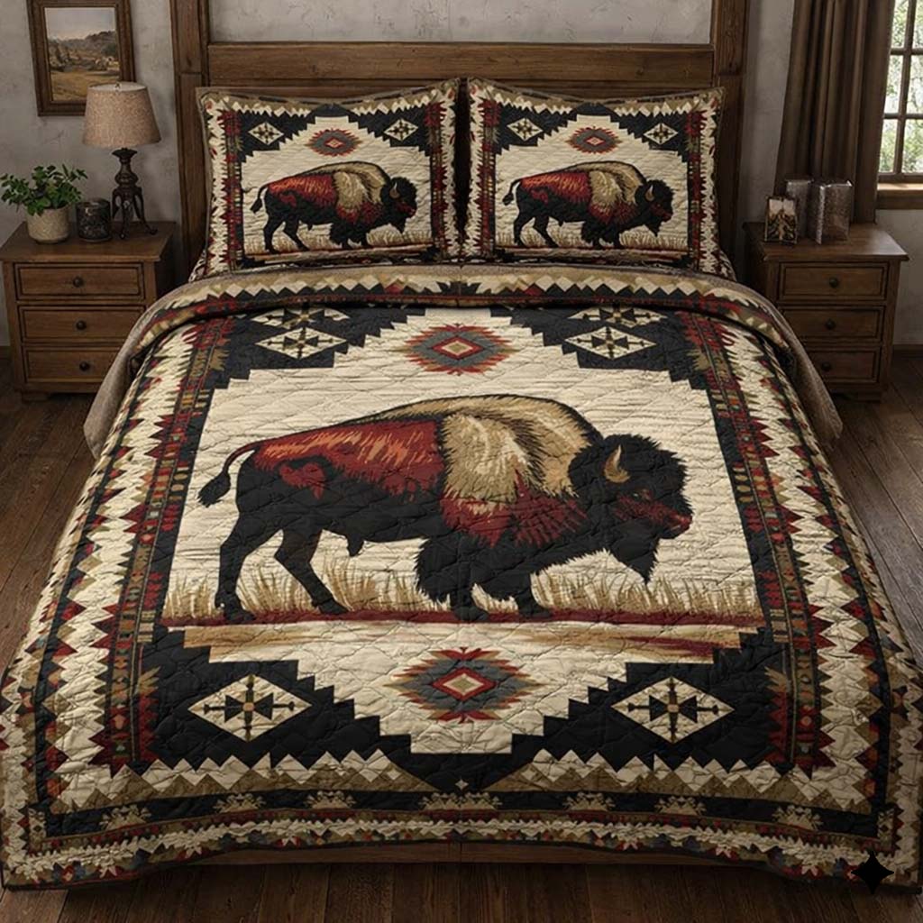 Midnight Lodge Bison quilted 3-piece bedding set on a made bed with two matching pillow shams