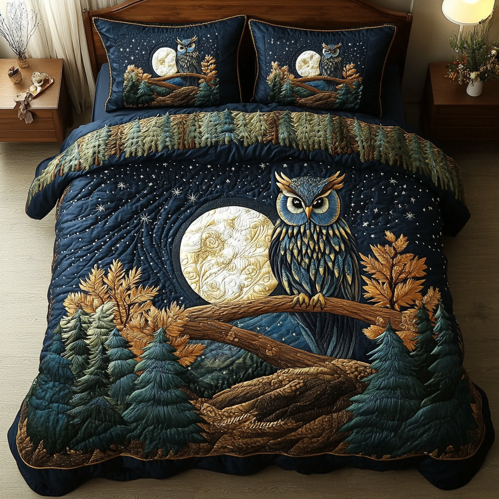 Midnight Owl Bedspread quilted 3-piece bedding set on a made bed with two matching pillow shams