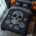 Midnight Skull Bloom Hobbies quilted 3-piece bedding set on a made bed with two matching pillow shams