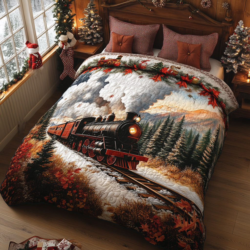 Midnight Train To Noel quilted 3-piece bedding set on a made bed with two matching pillow shams