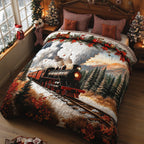 Midnight Train To Noel quilted 3-piece bedding set on a made bed with two matching pillow shams