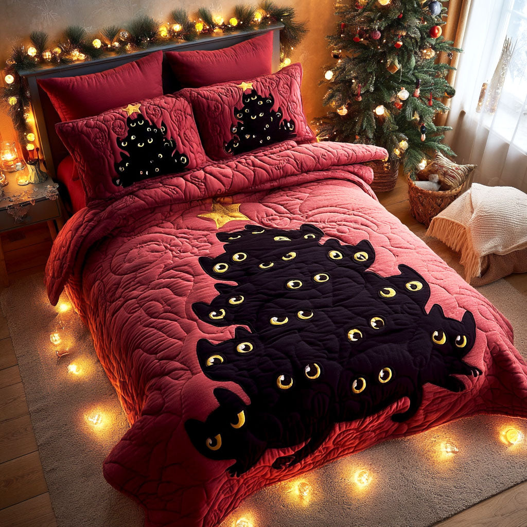 Midnight Whiskers Christmas quilted 3-piece bedding set on a made bed with two matching pillow shams