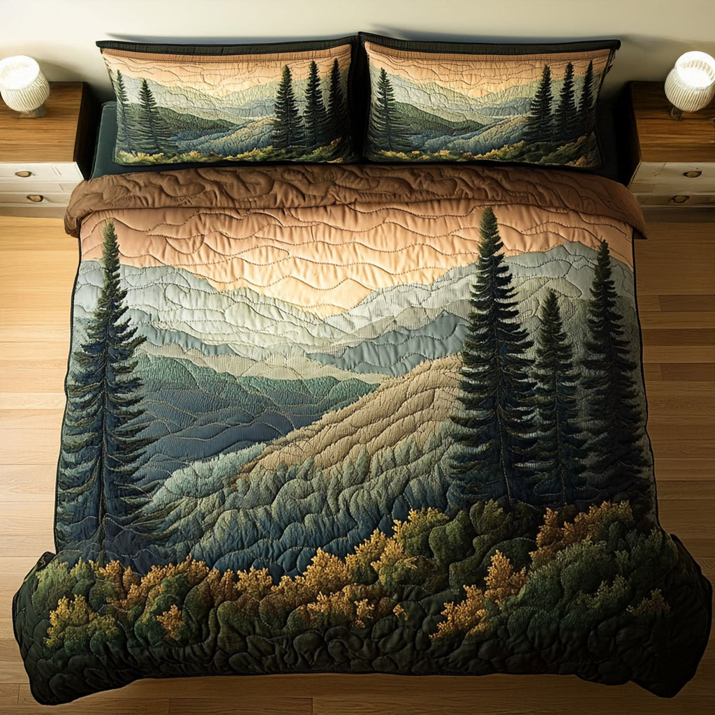 Misty Majesty quilted 3-piece bedding set on a made bed with two matching pillow shams