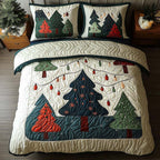 Modern Tree Lights quilted 3-piece bedding set on a made bed with two matching pillow shams