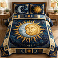 Moon Embracing The Sun quilted 3-piece bedding set on a made bed with two matching pillow shams