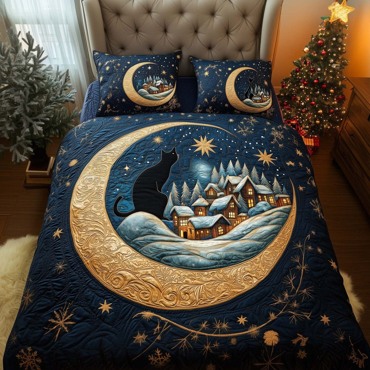Moon Village quilted 3-piece bedding set on a made bed with two matching pillow shams