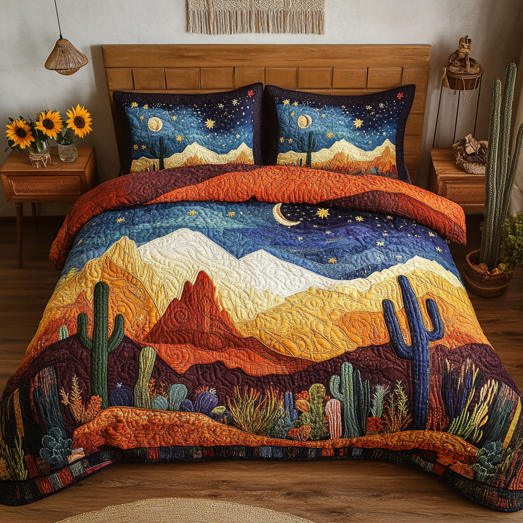 Moonlit Desert quilted 3-piece bedding set on a made bed with two matching pillow shams