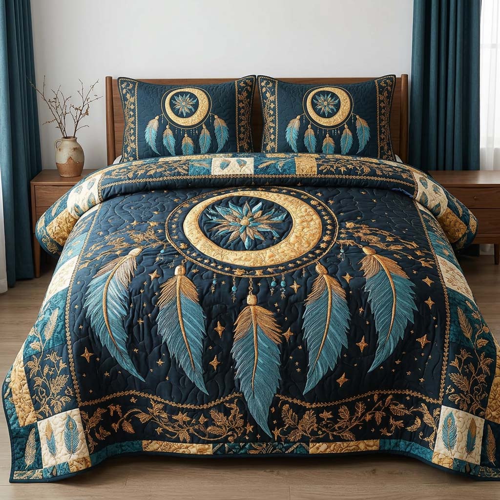Moonlit Feather Dream quilted 3-piece bedding set on a made bed with two matching pillow shams