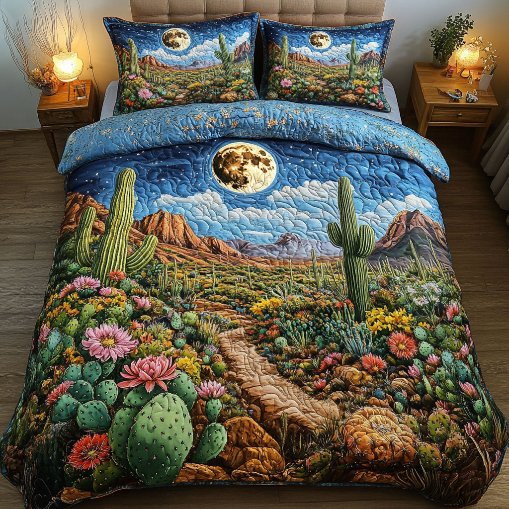 Moonlit Garden quilted 3-piece bedding set on a made bed with two matching pillow shams