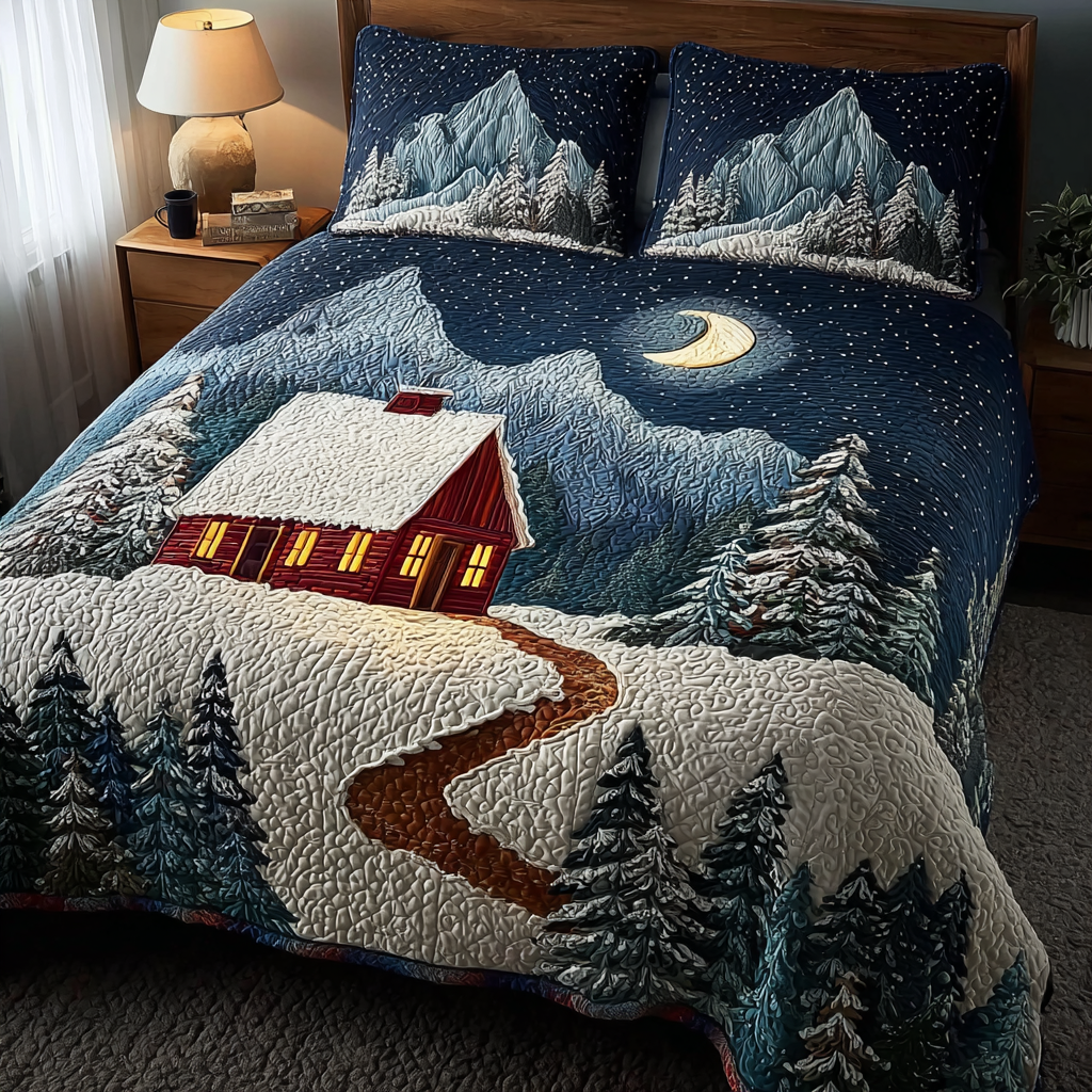 Moonlit Home Christmas quilted 3-piece bedding set on a made bed with two matching pillow shams