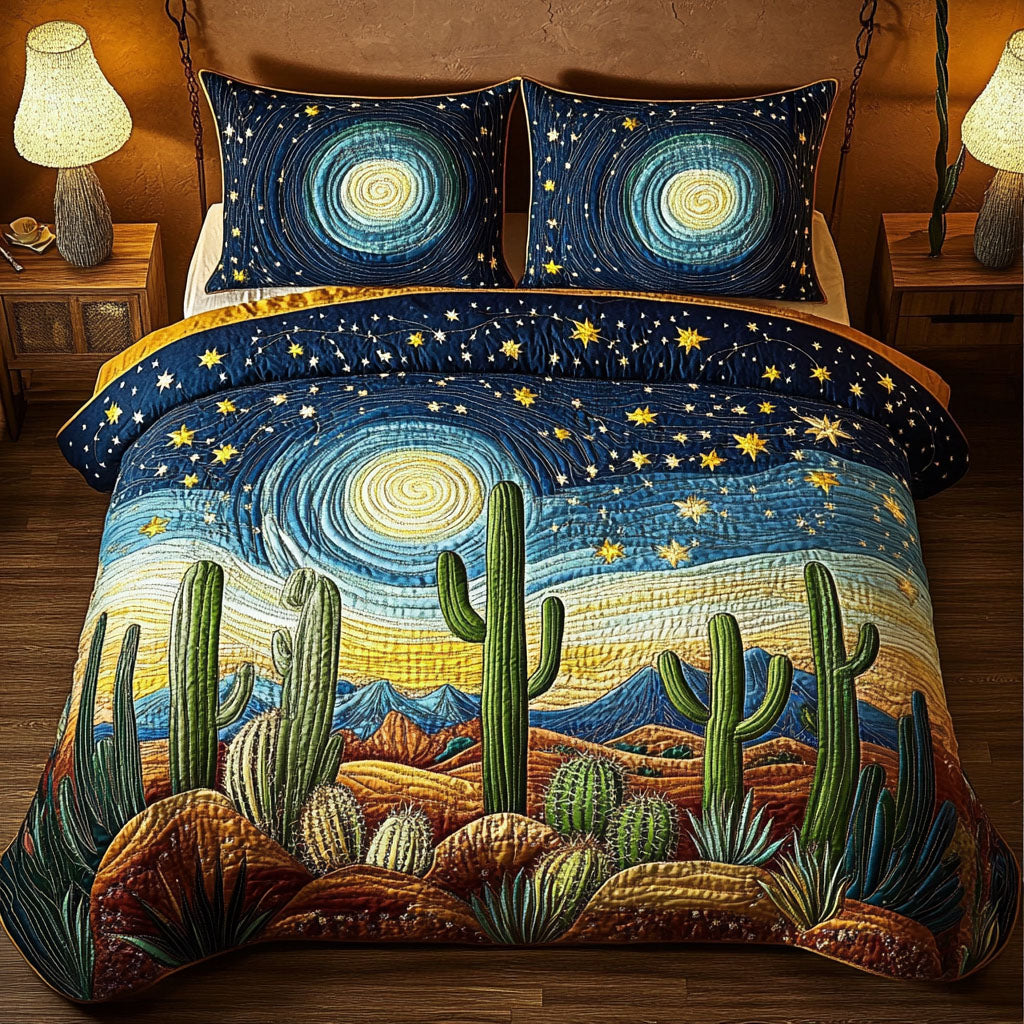 Moonlit Terrain quilted 3-piece bedding set on a made bed with two matching pillow shams