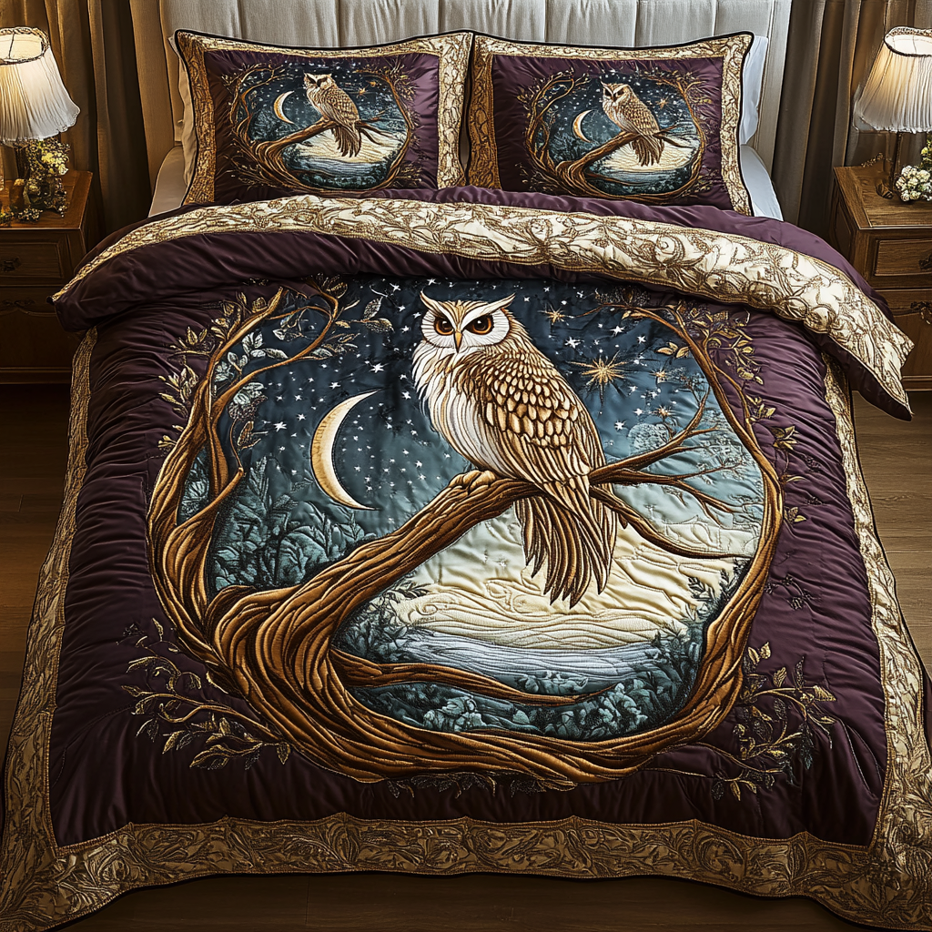 Moonlit Wisdom quilted 3-piece bedding set on a made bed with two matching pillow shams