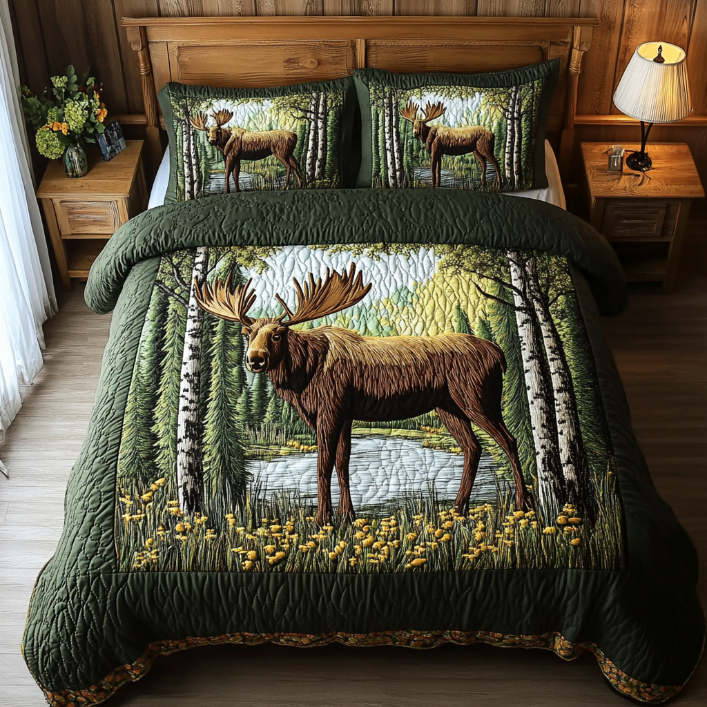 Moose Adventure quilted 3-piece bedding set on a made bed with two matching pillow shams