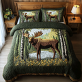 Moose Adventure quilted 3-piece bedding set on a made bed with two matching pillow shams