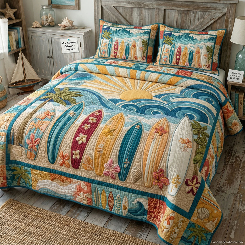 Morning Surf Lounger quilted 3-piece bedding set on a made bed with two matching pillow shams