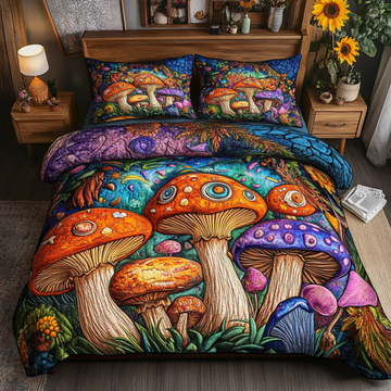 Mushroom Wonderland Blooms 3-Piece Quilted Bedding Set
