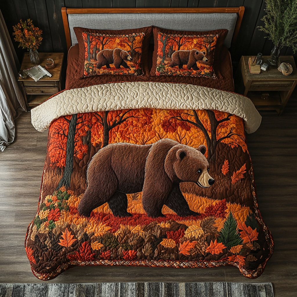 Mystic Bear Animal quilted 3-piece bedding set on a made bed with two matching pillow shams