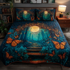 Mystic Butterfly Animal quilted 3-piece bedding set on a made bed with two matching pillow shams