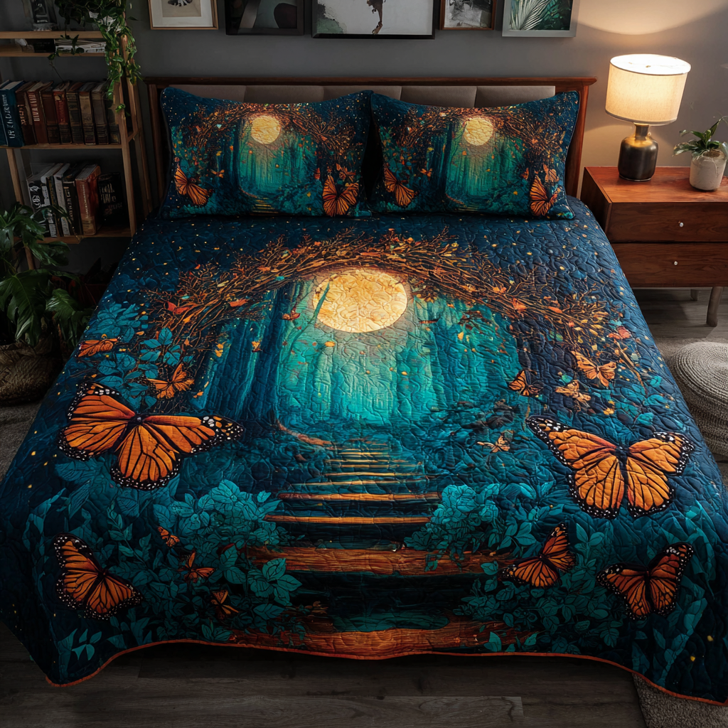 Mystic Butterfly Animal quilted 3-piece bedding set on a made bed with two matching pillow shams