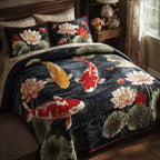 Mystic Carp quilted 3-piece bedding set on a made bed with two matching pillow shams