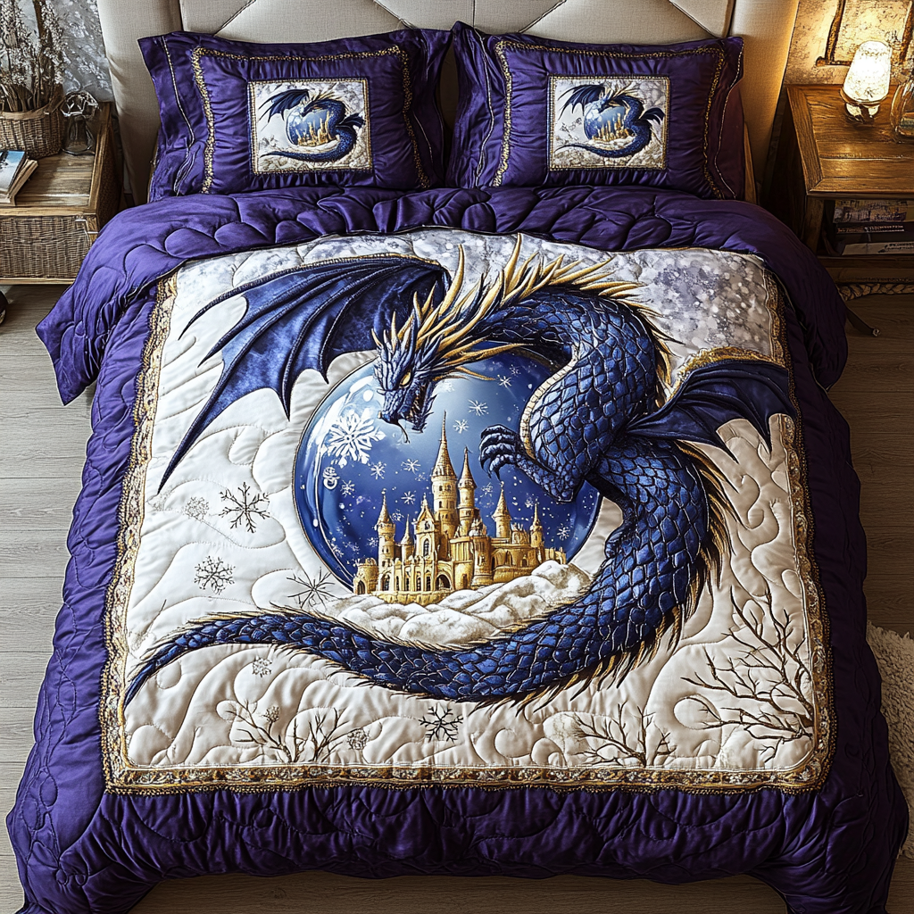 Mystic Dragon Animal quilted 3-piece bedding set on a made bed with two matching pillow shams