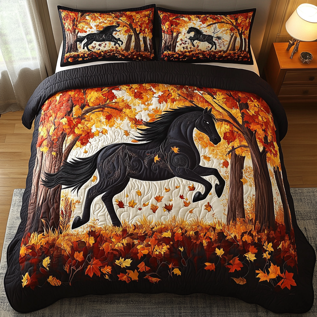 Mystic Horse Autumn quilted 3-piece bedding set on a made bed with two matching pillow shams