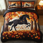 Mystic Horse Autumn quilted 3-piece bedding set on a made bed with two matching pillow shams