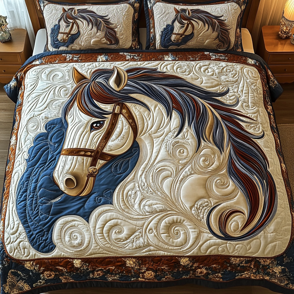 Mystic Horse Bedspreads quilted 3-piece bedding set on a made bed with two matching pillow shams