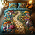Mystic Mushrooms quilted 3-piece bedding set on a made bed with two matching pillow shams