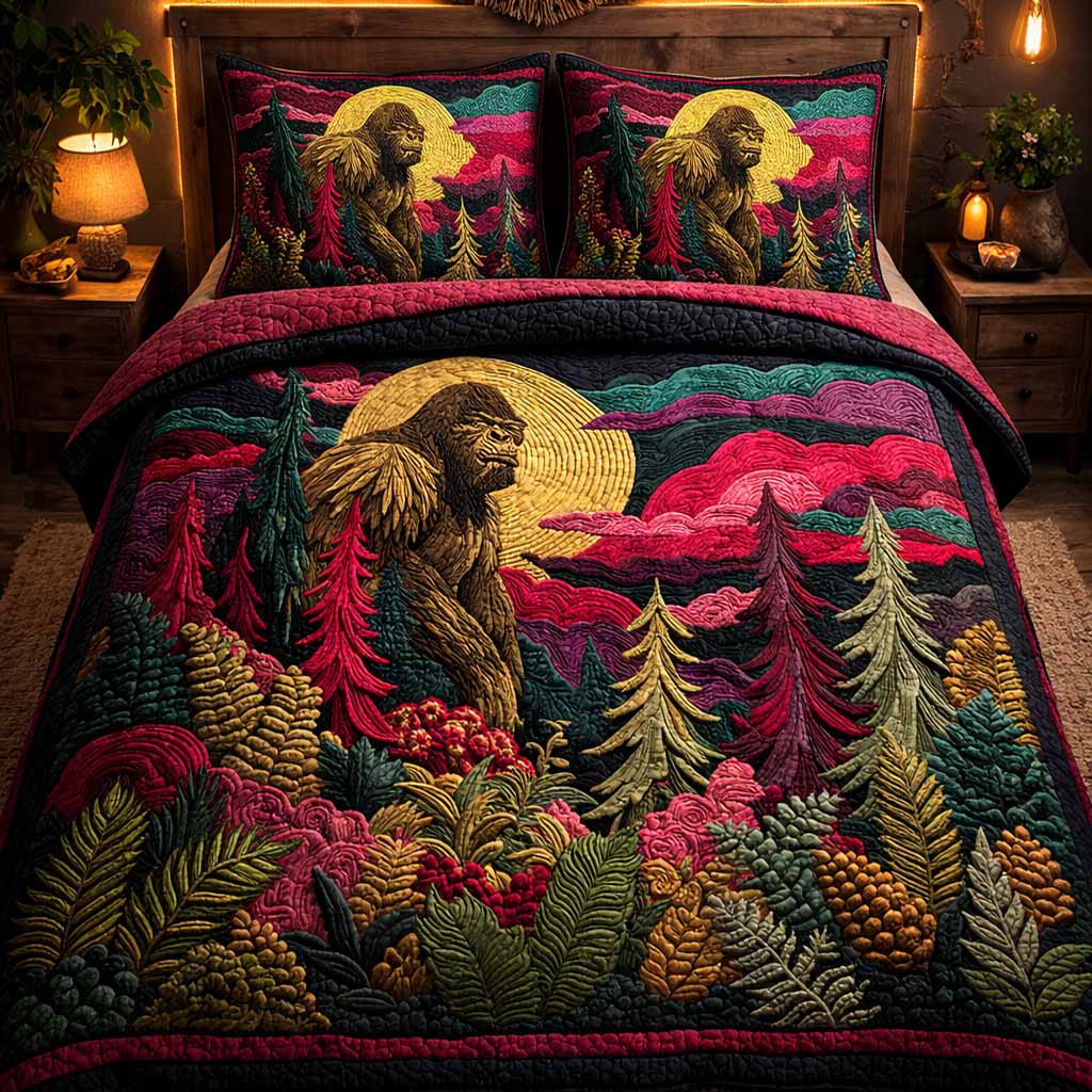 Mystic Pines quilted 3-piece bedding set on a made bed with two matching pillow shams