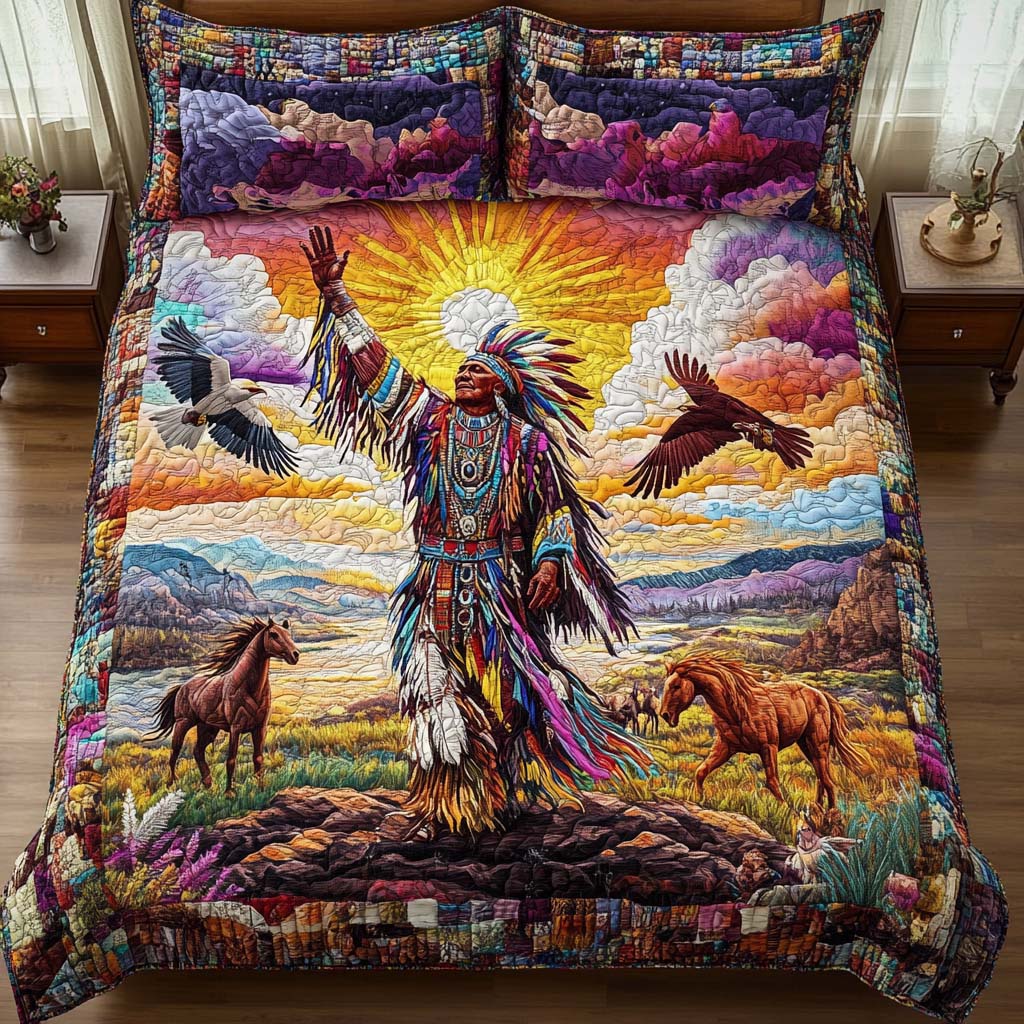 Mystic Prairie quilted 3-piece bedding set on a made bed with two matching pillow shams