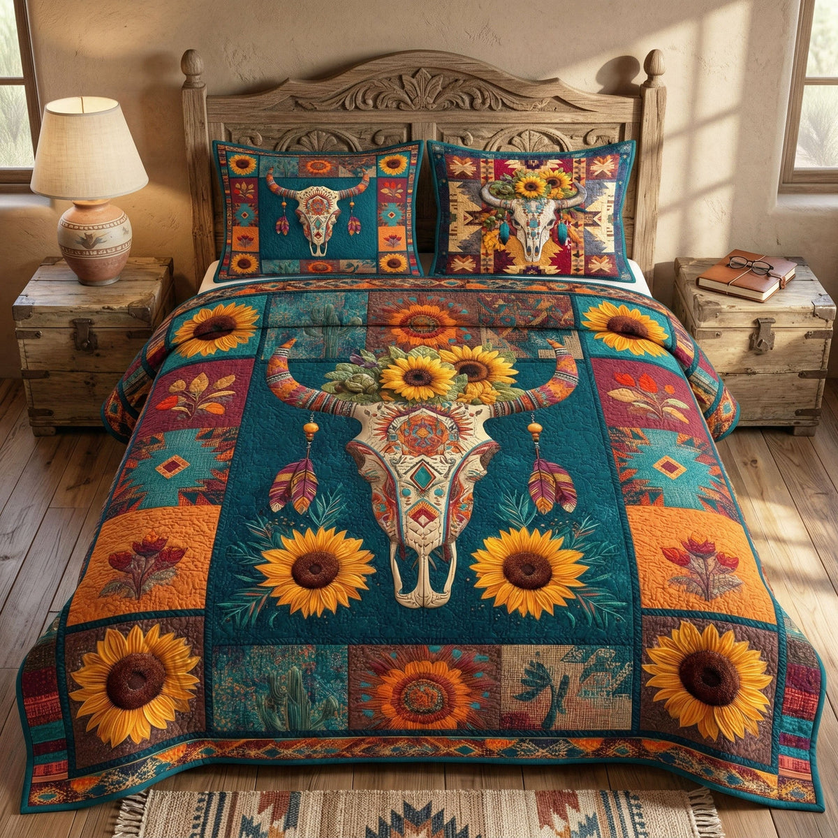 Mystic Prairie Buffalo quilted 3-piece bedding set on a made bed with two matching pillow shams