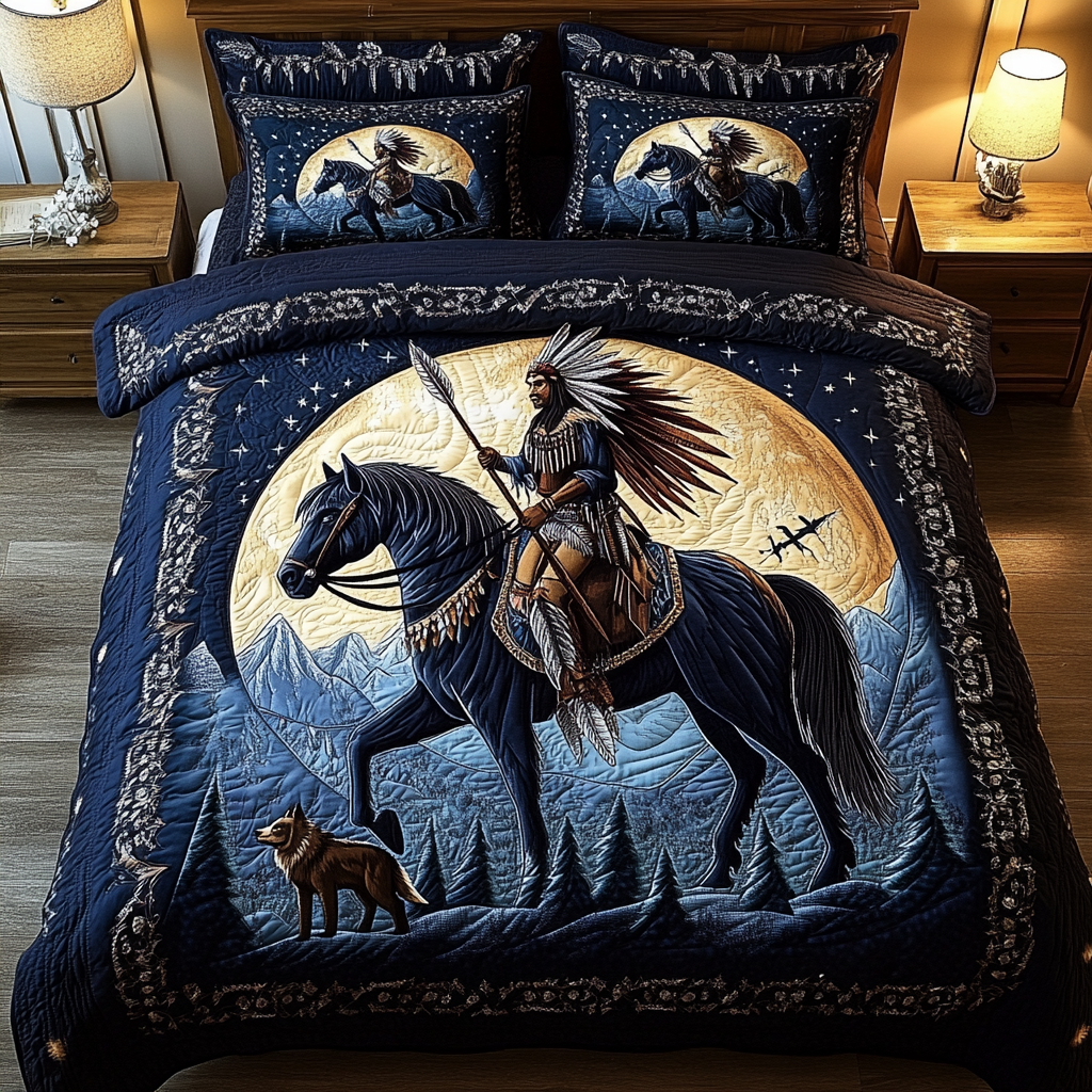 Mystic Trails Southwest quilted 3-piece bedding set on a made bed with two matching pillow shams