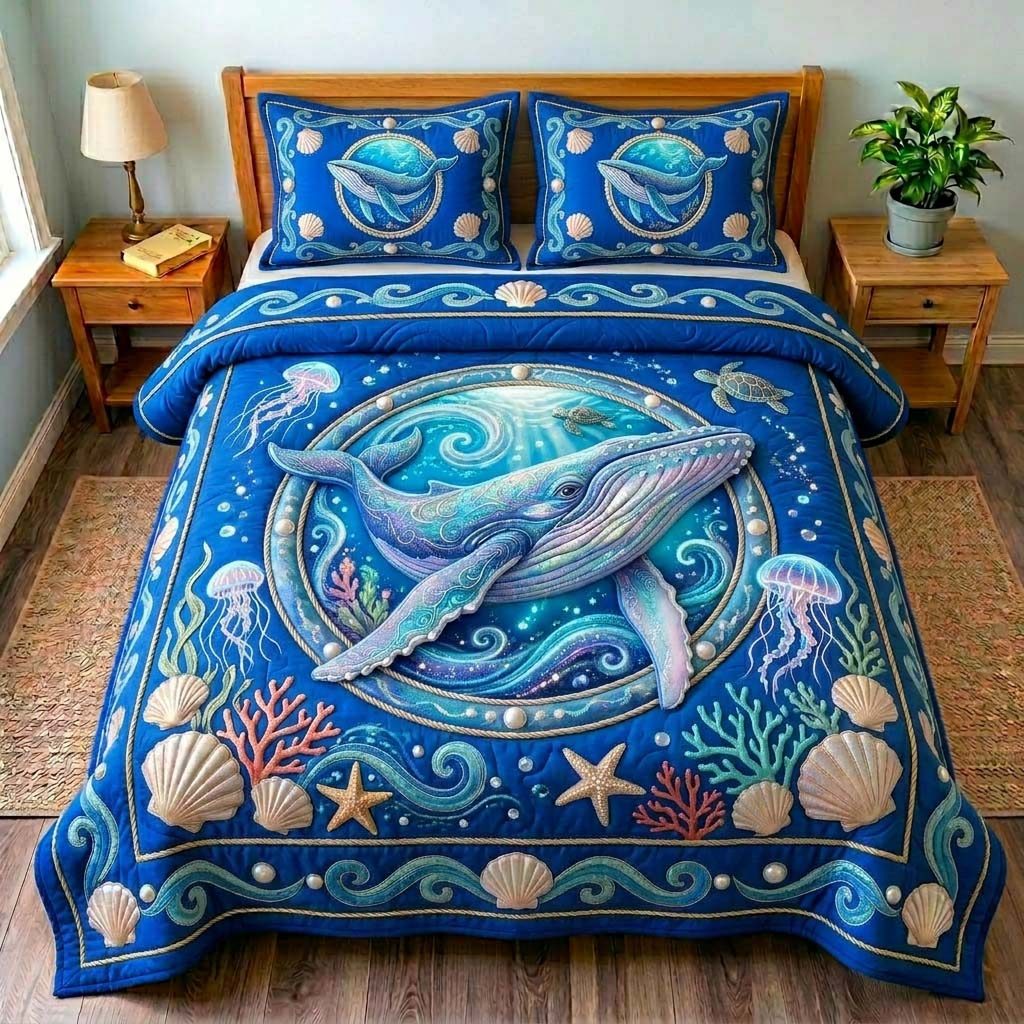Mystic Whale Ocean quilted 3-piece bedding set on a made bed with two matching pillow shams