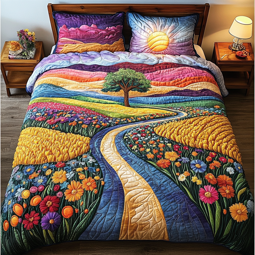 Nature Bliss Flower quilted 3-piece bedding set on a made bed with two matching pillow shams