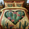 Nature Embrace Cacti quilted 3-piece bedding set on a made bed with two matching pillow shams